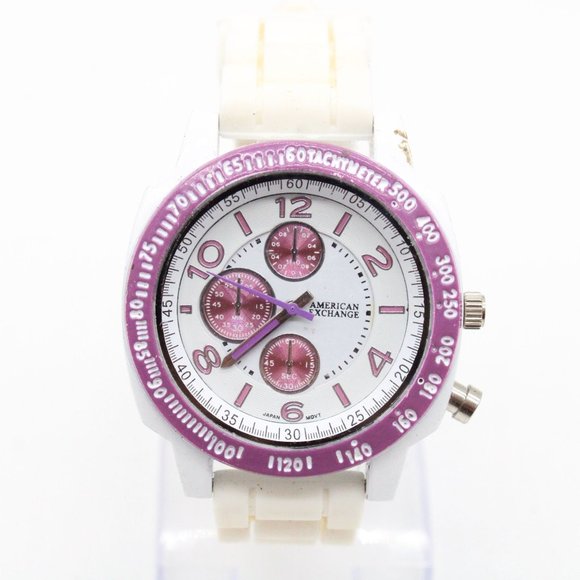 American Exchange Chronograph Watch White Tone Stainless Steel White Rubber Band - Picture 2 of 8